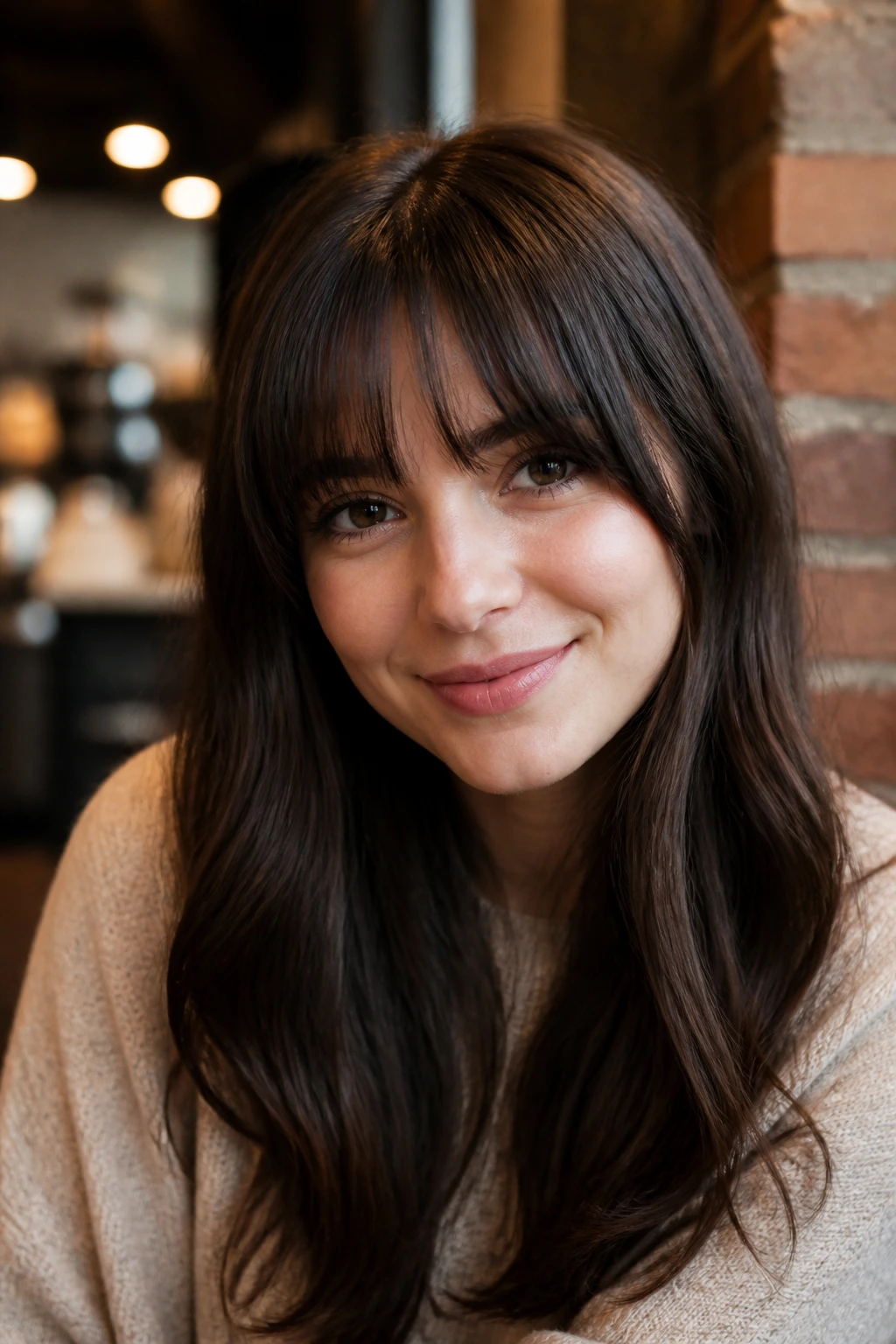 Real woman with bottleneck bangs sitting in a warm cafe corner