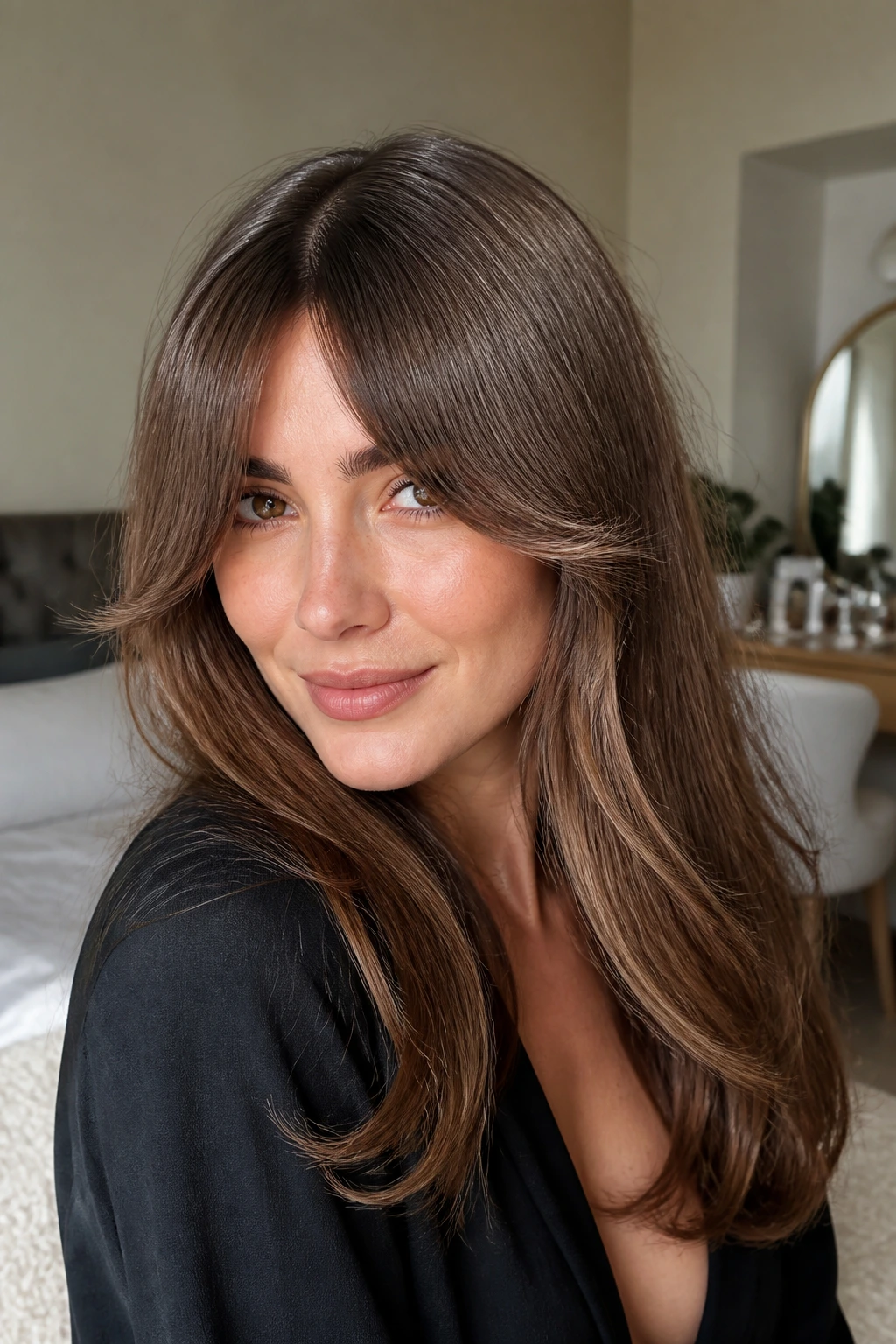 Close-up of bottleneck bangs and a loose bend on a real woman's hair in a softly lit bedroom
