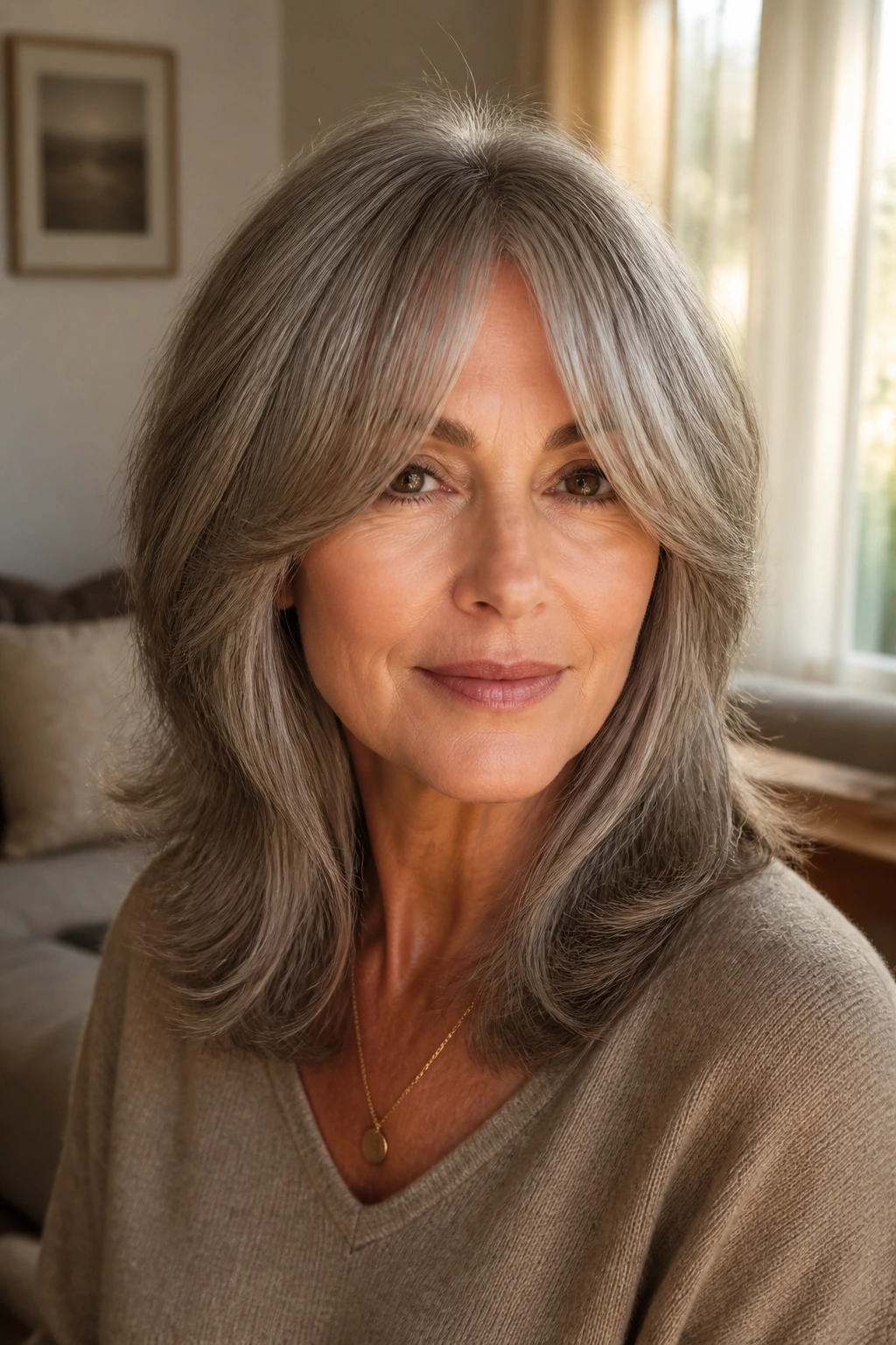 Real person with bottleneck bangs and mid-length grey layers.