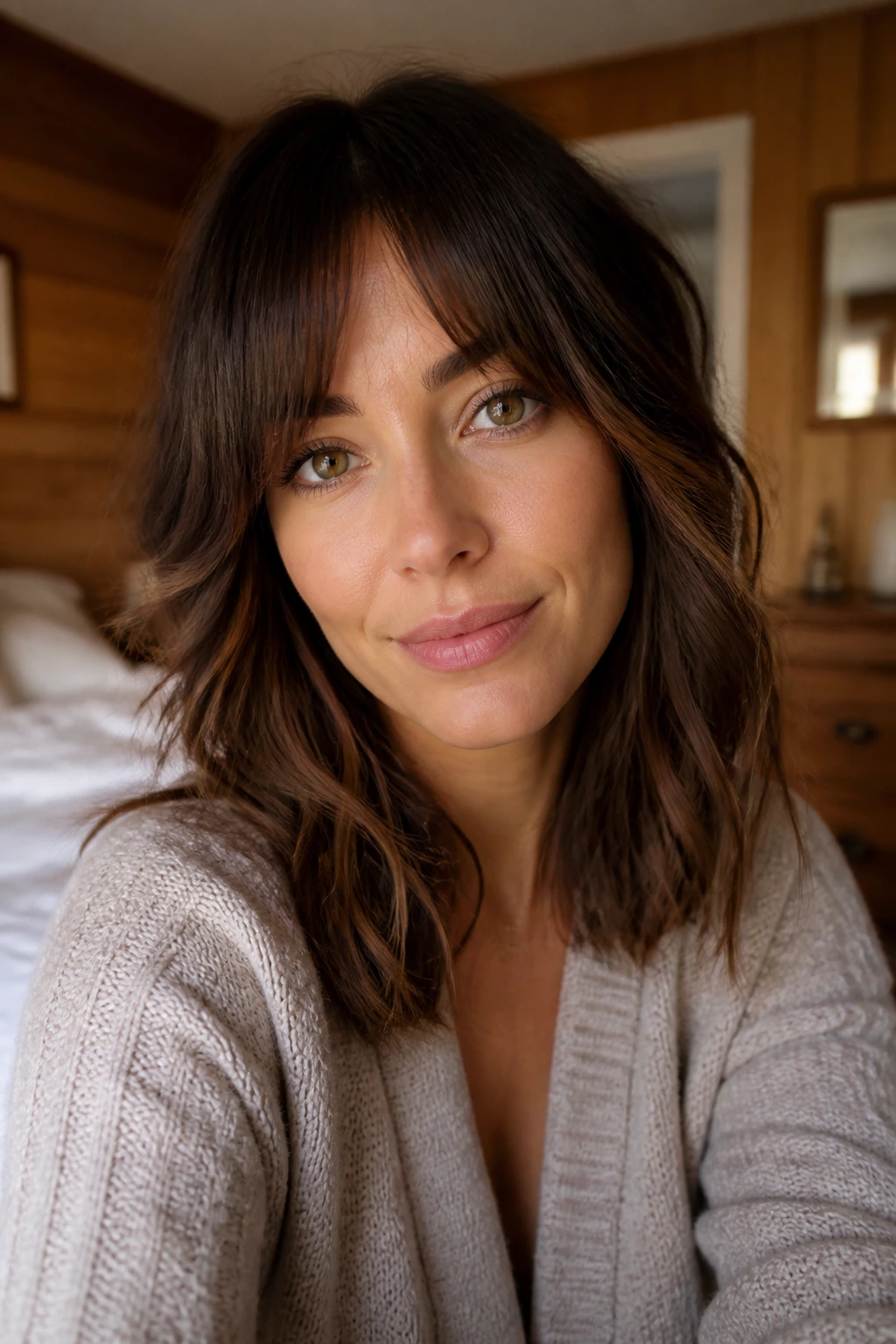 Portrait of a real woman with bottleneck bangs and midi-length waves.