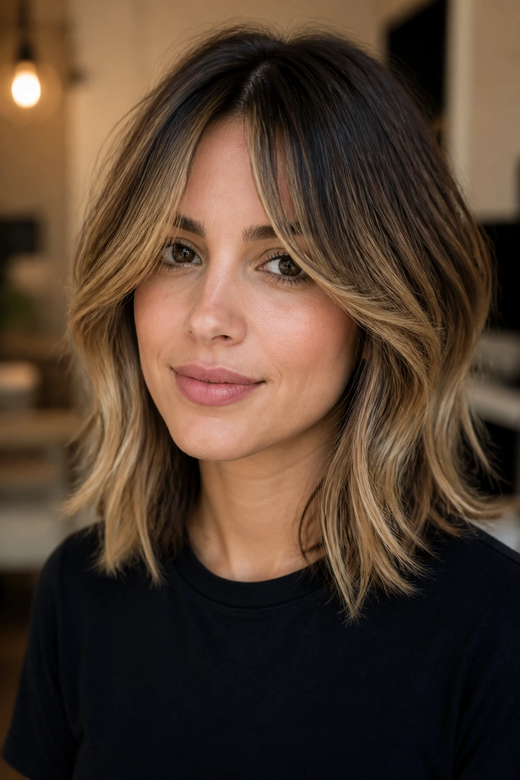 Close-up of a real person with bottleneck bangs and midlength cut with temple babylights