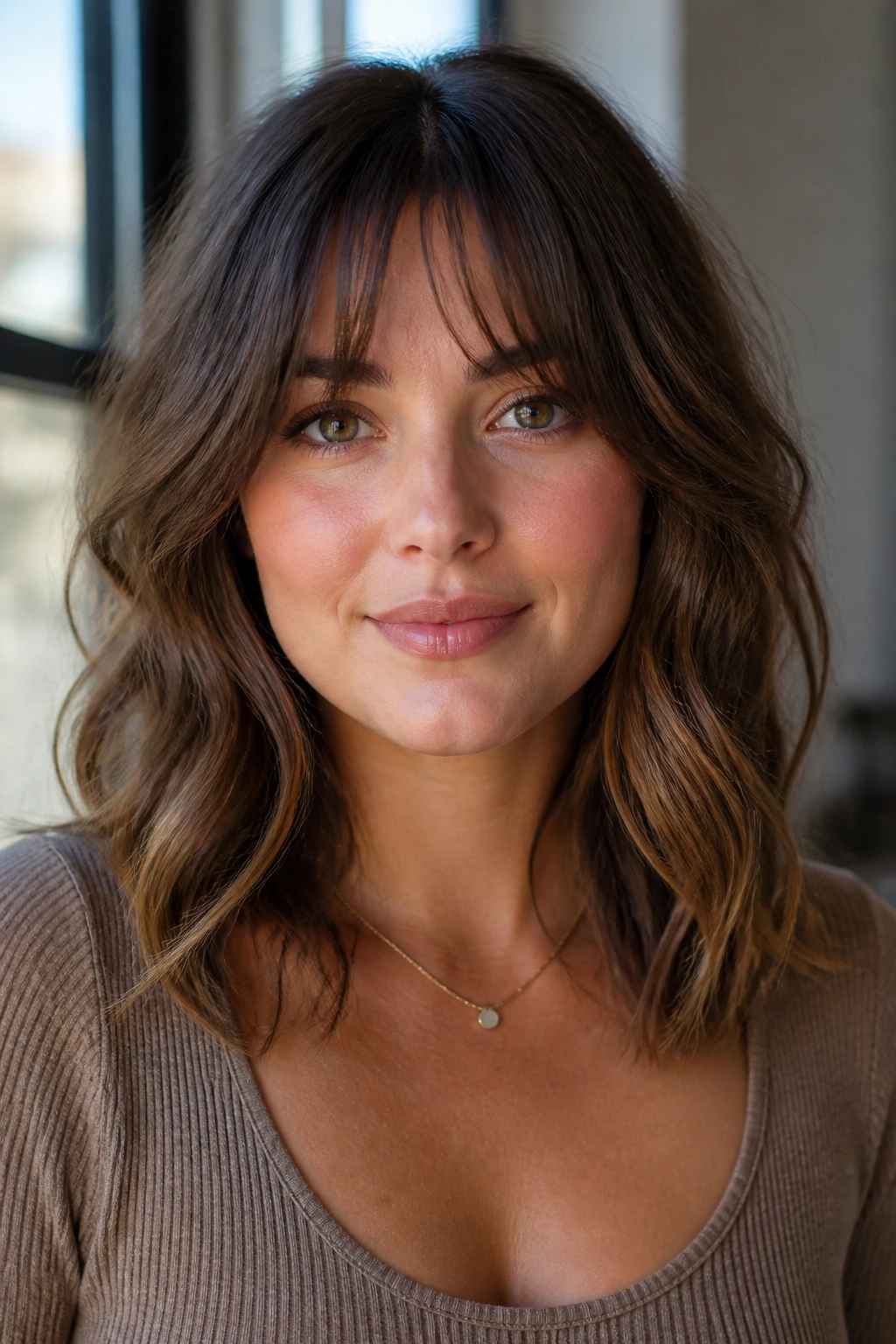 Close-up of a real woman with bottleneck bangs and mid-length waves