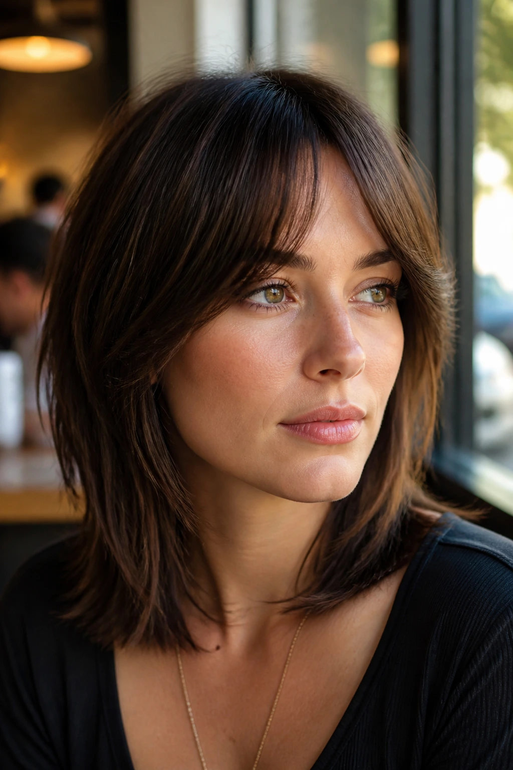 Close-up of a woman with bottleneck bangs in a sunlit cafe setting