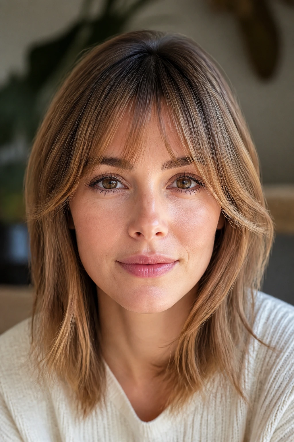 Portrait of a woman with bottleneck feathered bangs in a bright living room
