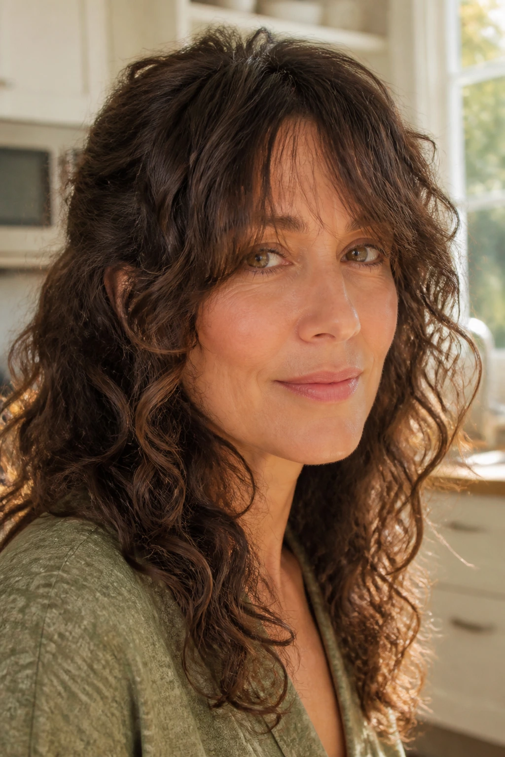 Close-up of a woman wearing bottleneck bangs blending into loose face layers