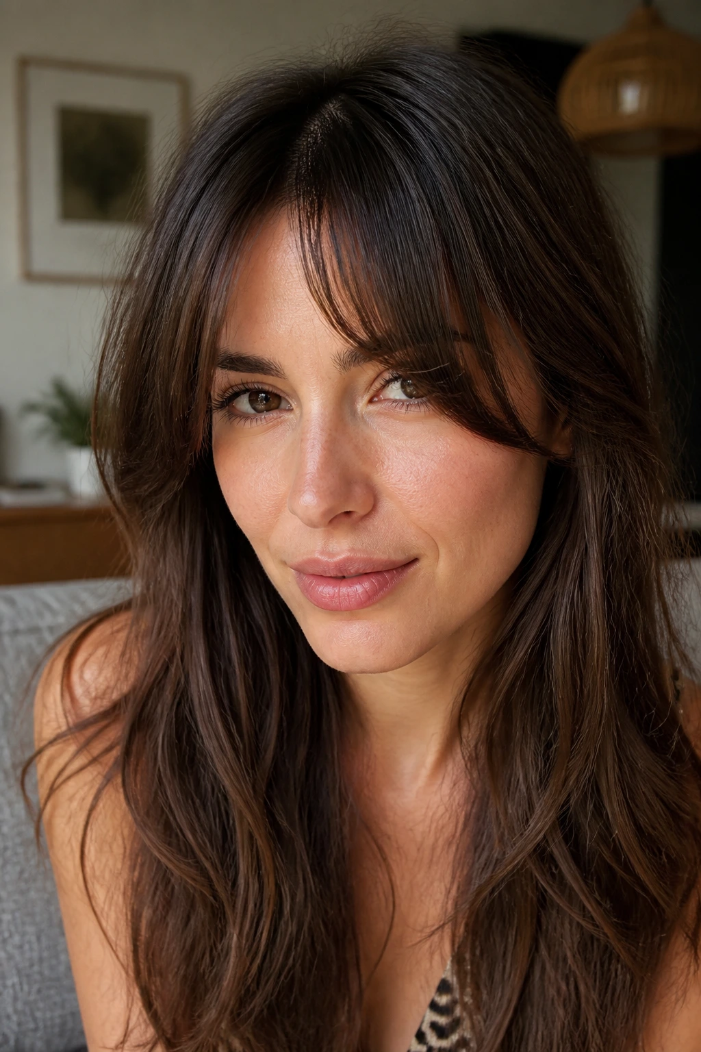 Portrait of woman with bottleneck bangs framing the face