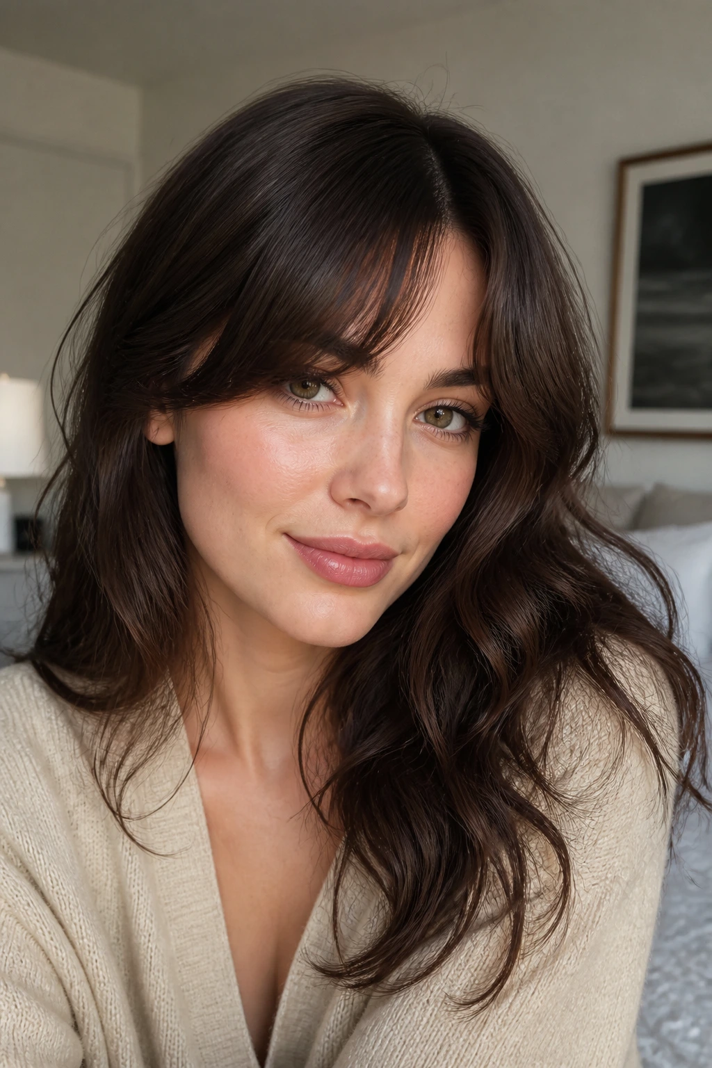 Close-up of a real woman with bottleneck bangs and a soft center split framing the face