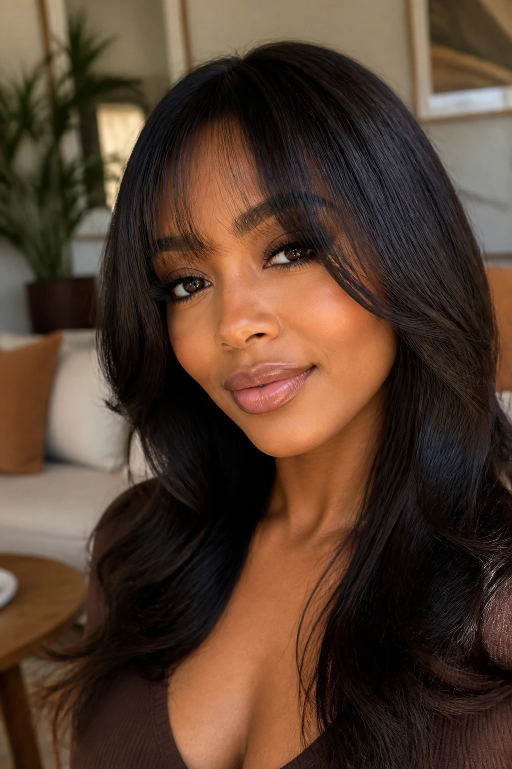 Close-up of bottleneck bangs narrowing near brows on a real Black woman