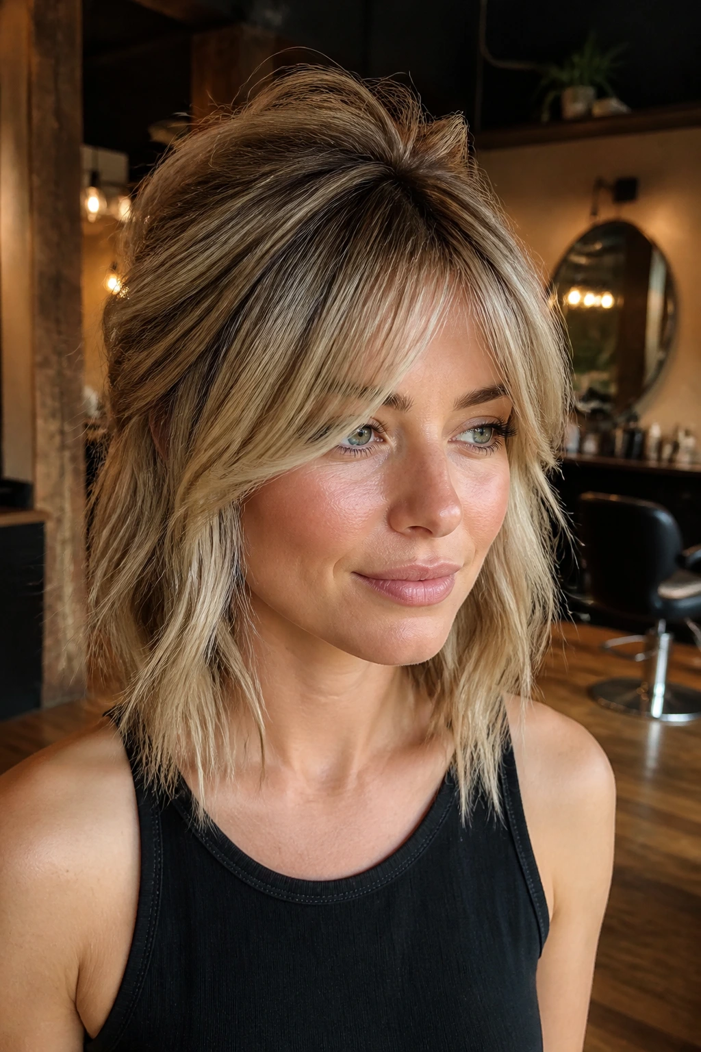 Real woman with bottleneck bangs and crown lift in salon setting