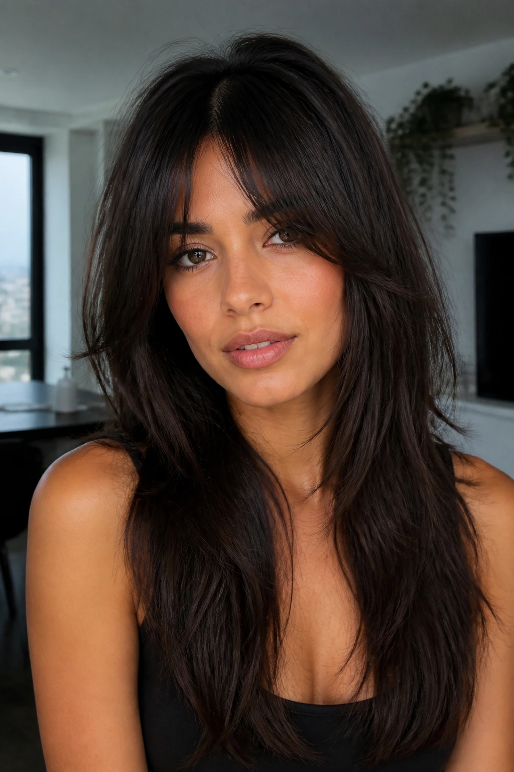 Close-up portrait of a real person with bottleneck bangs and long textured length