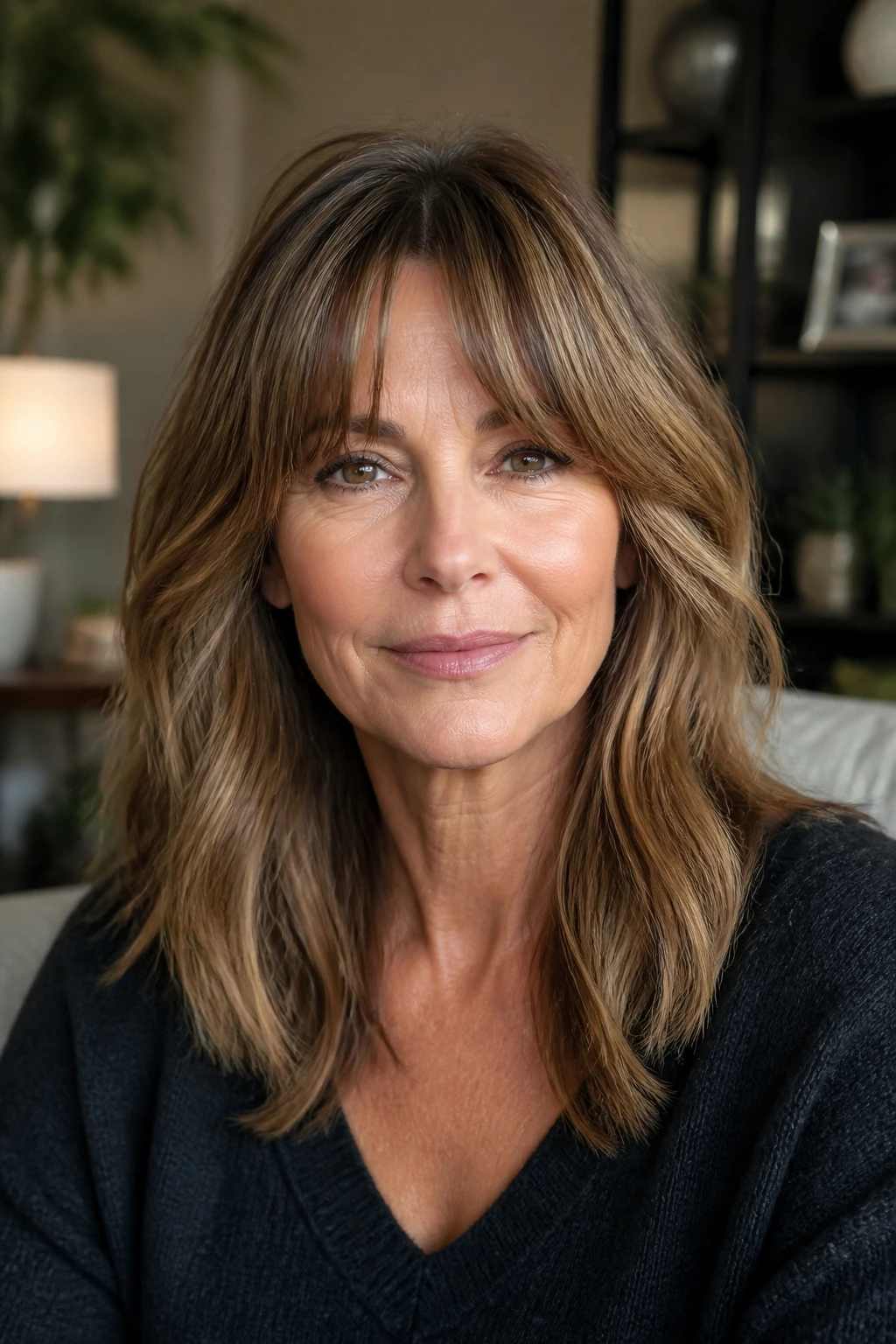 Real woman with bottleneck bangs framing forehead and cheeks