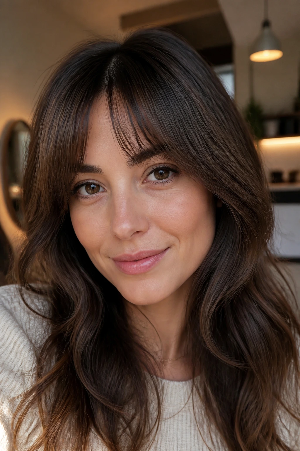 Close-up of a real woman with bottleneck bangs and airy ends in warm indoor light