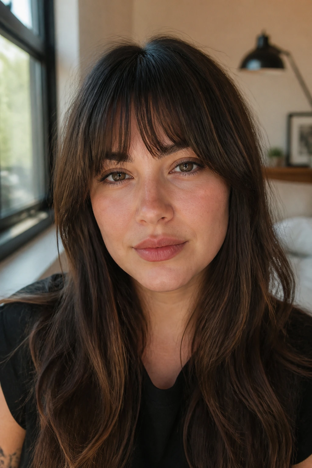 Close-up of a real woman with bottleneck bangs tapering toward temples