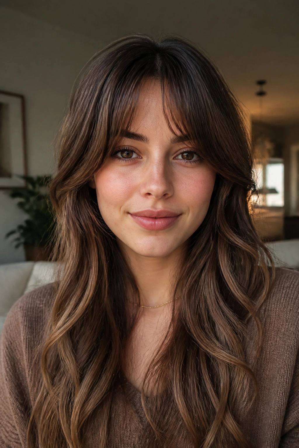 Close-up portrait of a real woman with bottleneck bangs narrowing the forehead and framing the cheeks