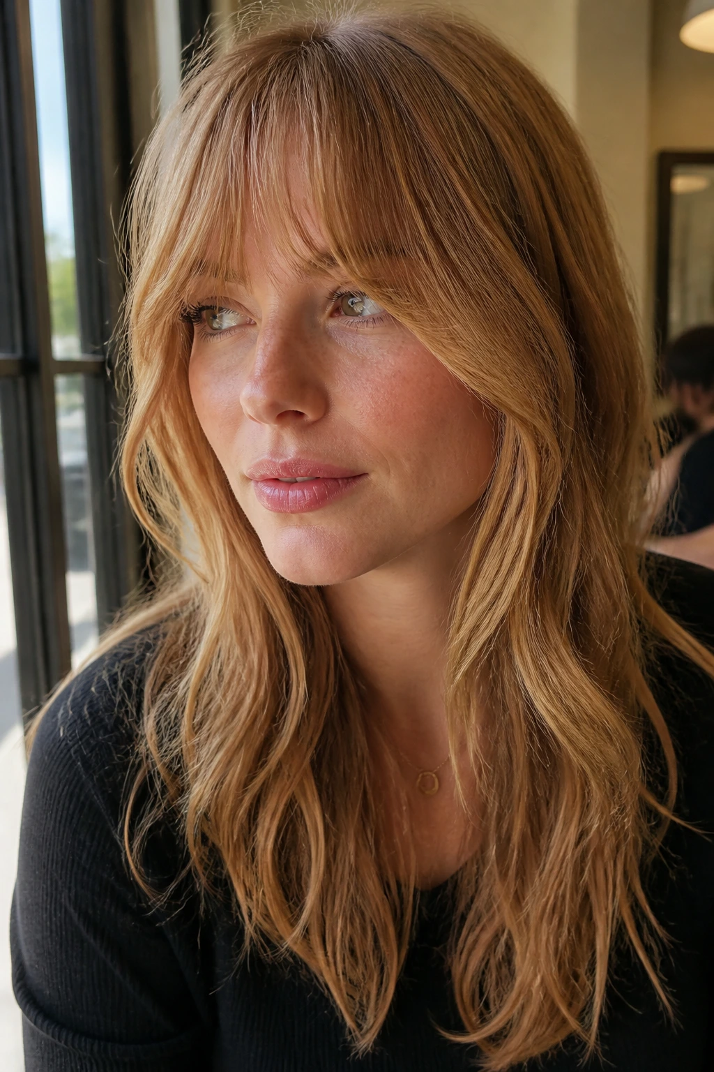 Close-up portrait of a real woman with bottleneck bangs and airy face frames in strawberry blonde