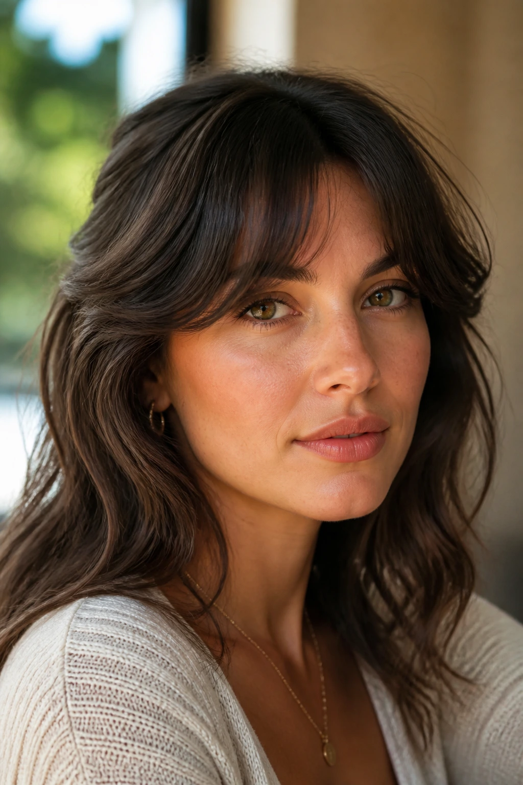 Portrait of person with bottleneck bangs featuring a narrow center and lifted temple sides