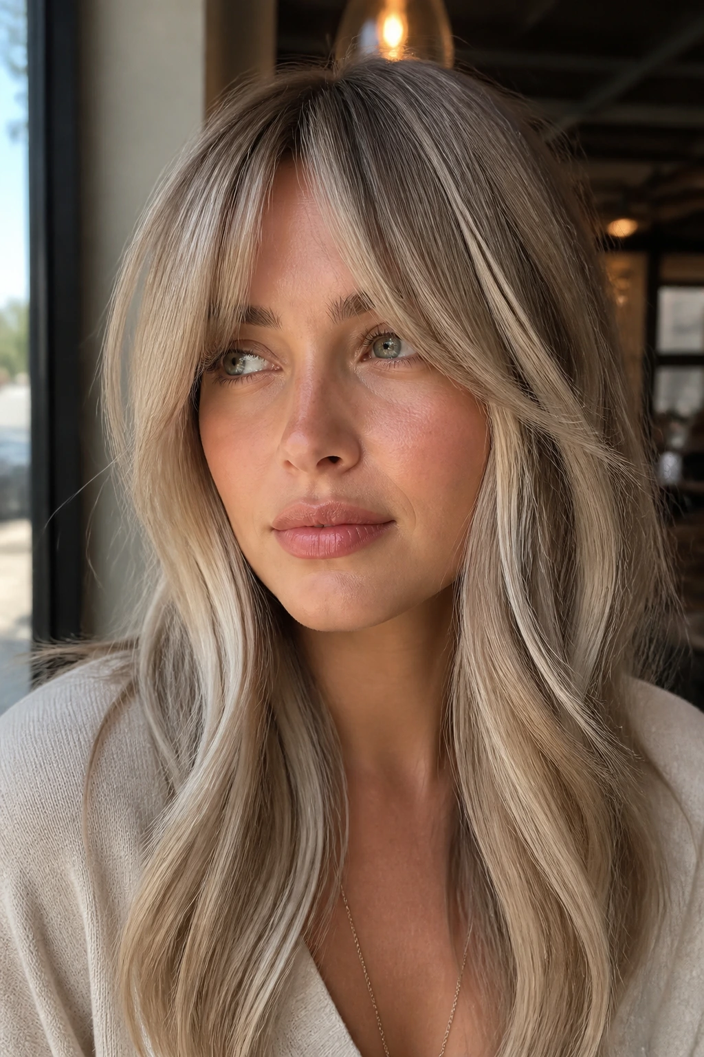 Portrait of a real woman with bottleneck bangs and cool blonde ribbons in ash blonde hair.