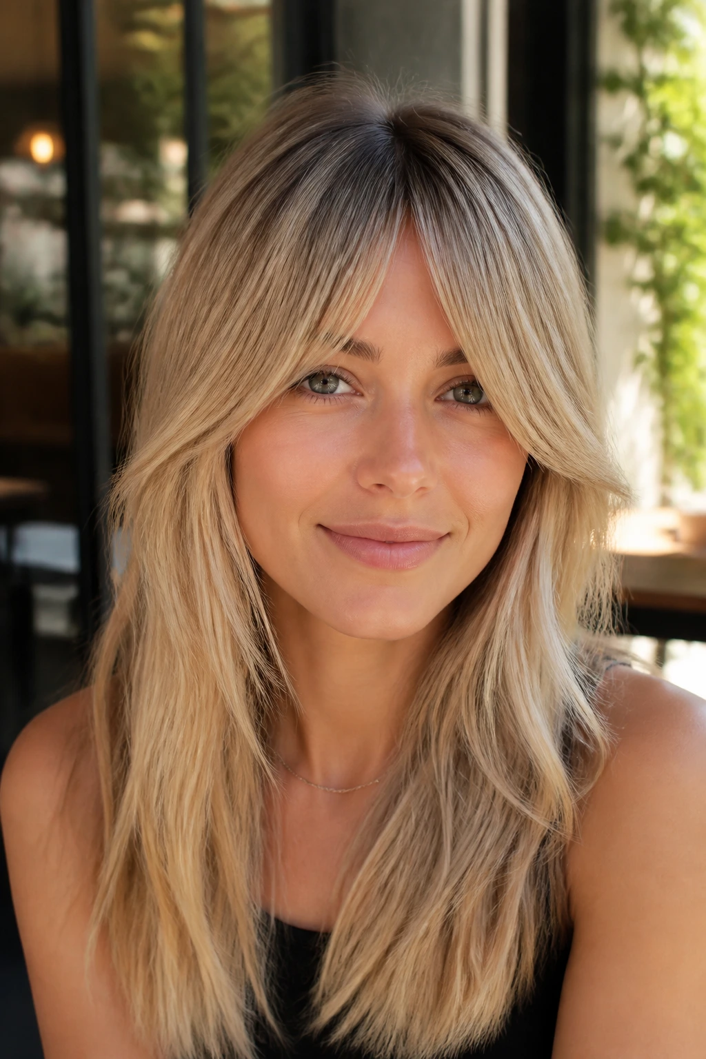 Portrait of woman with bottleneck bangs and root shadow