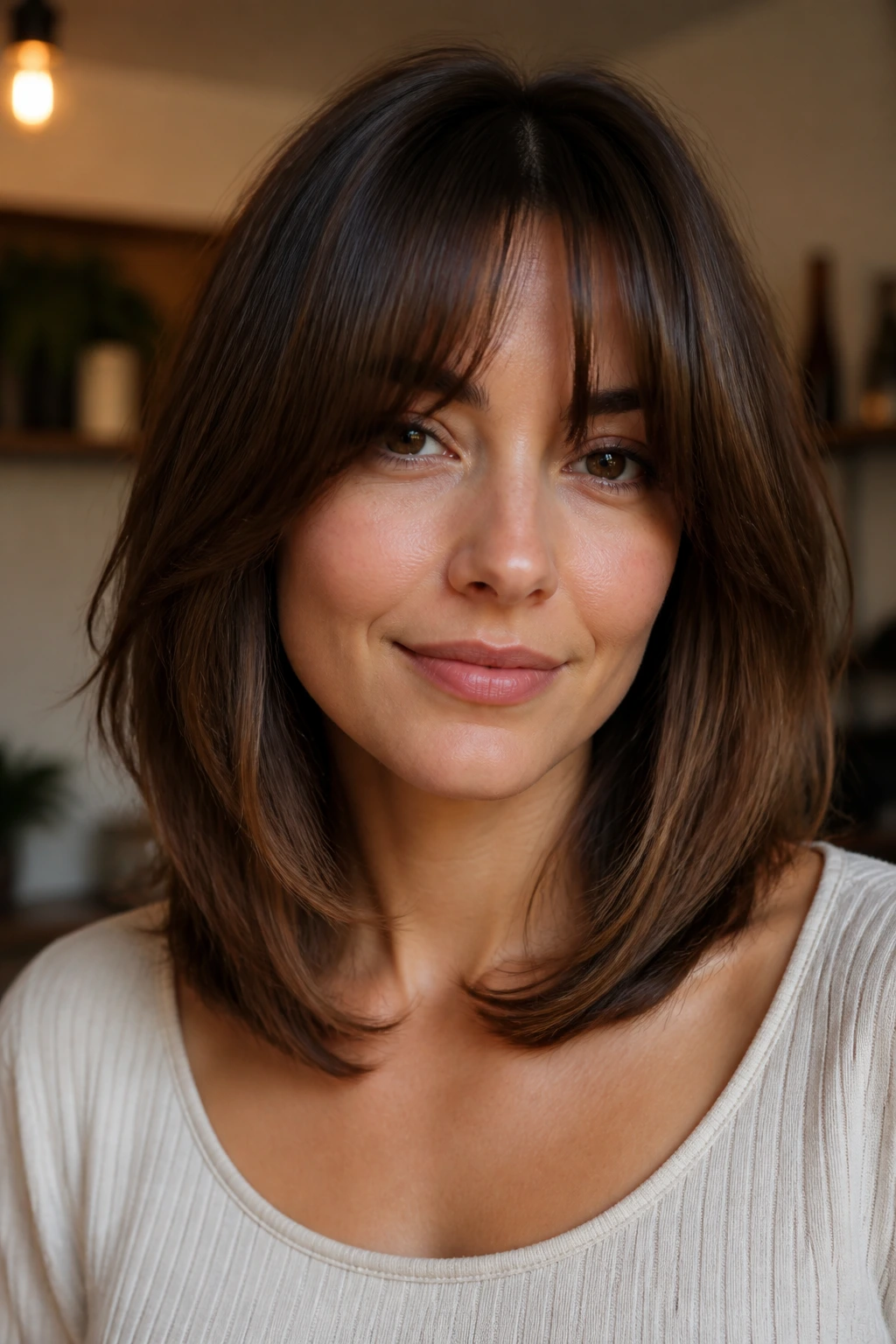 Real person with bottleneck bangs and rounded collarbone-length haircut