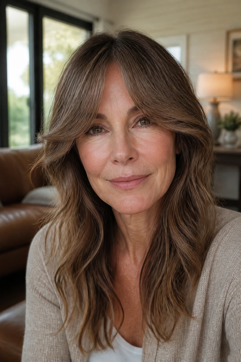 Close-up of bottleneck bangs with soft S-curve on a real woman