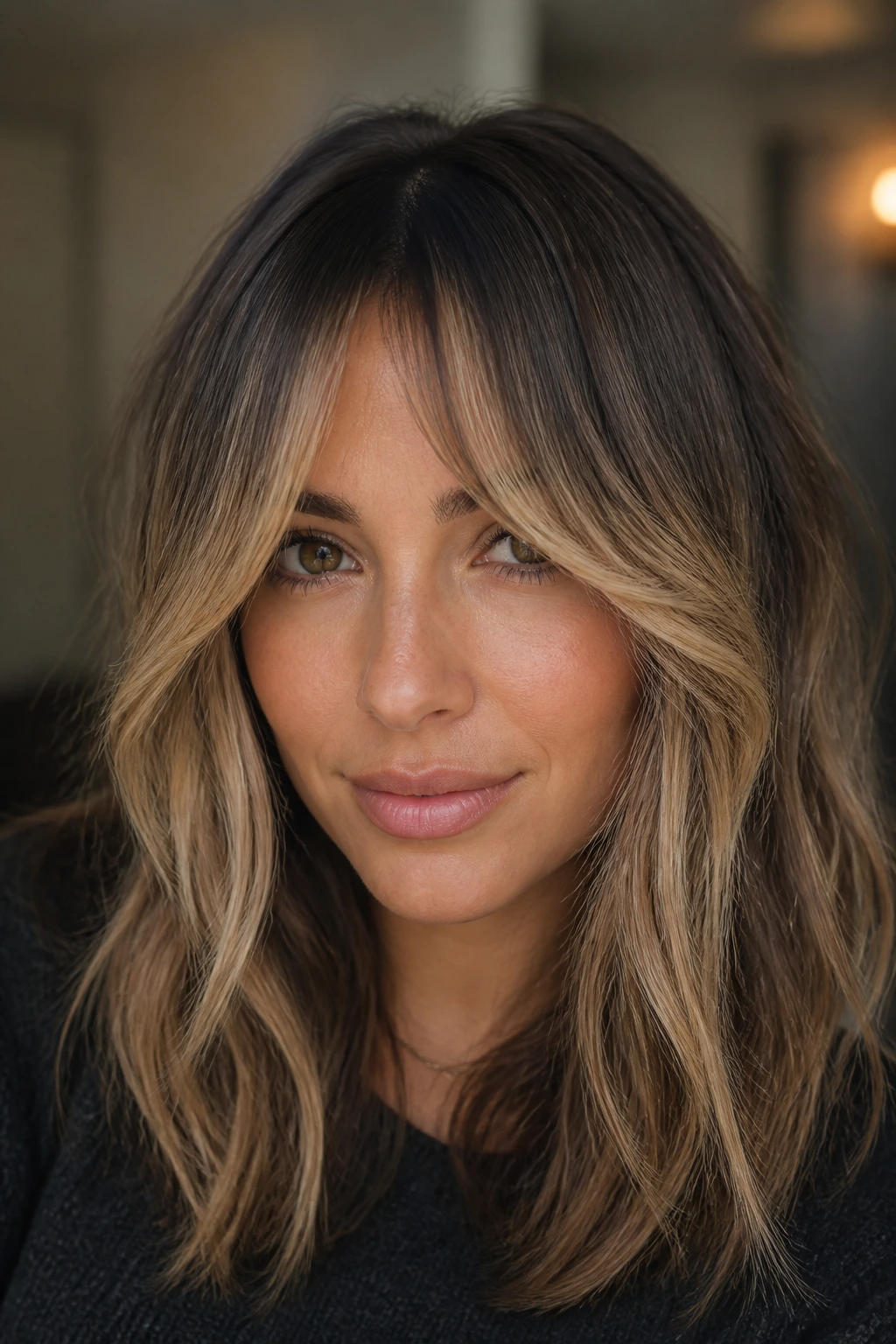 Portrait of woman with bottleneck bangs and sandy blonde sweep framing face.