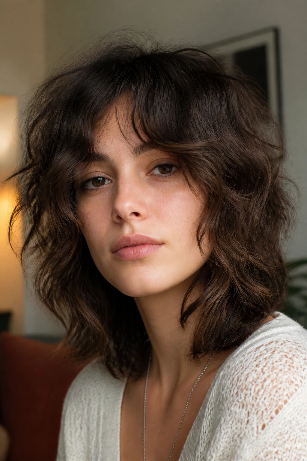 Real person with bottleneck bangs and shag cut, frontal view with soft fringe