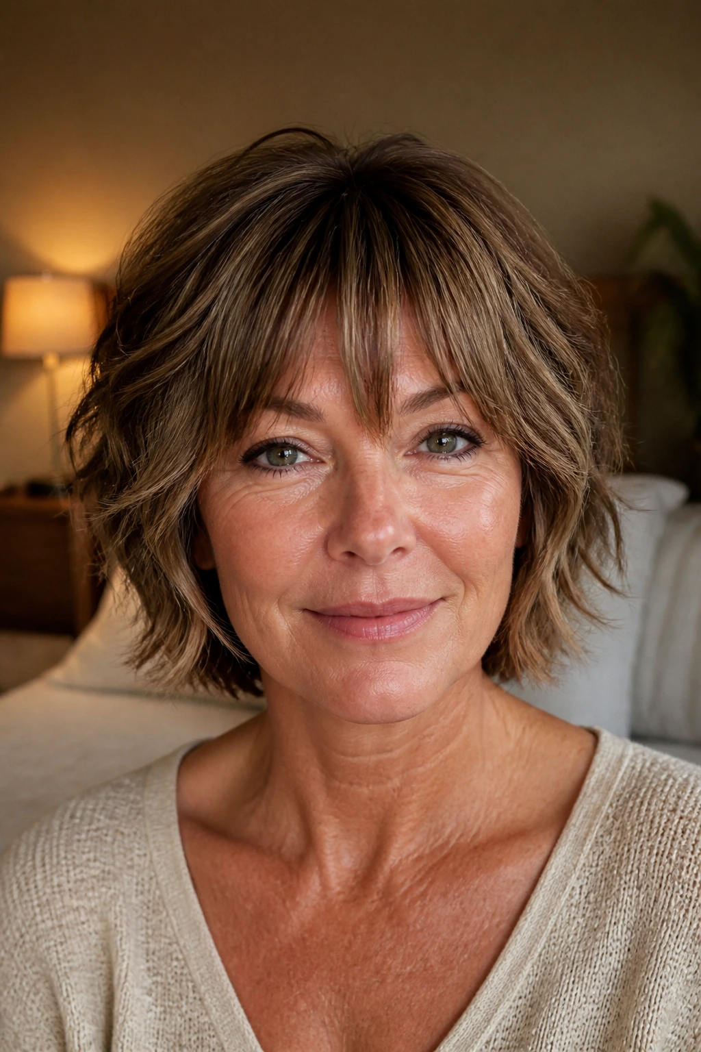 Close-up of a real woman with bottleneck bangs framing eyes in a shag bob