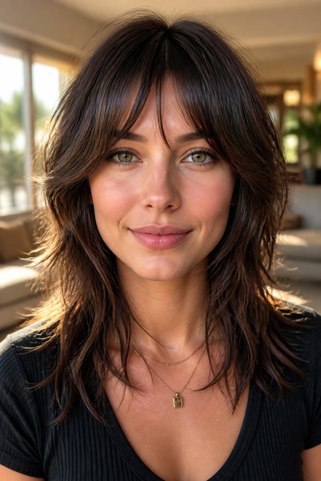 Close-up portrait of a woman with bottleneck bangs in a shag haircut, warm natural light
