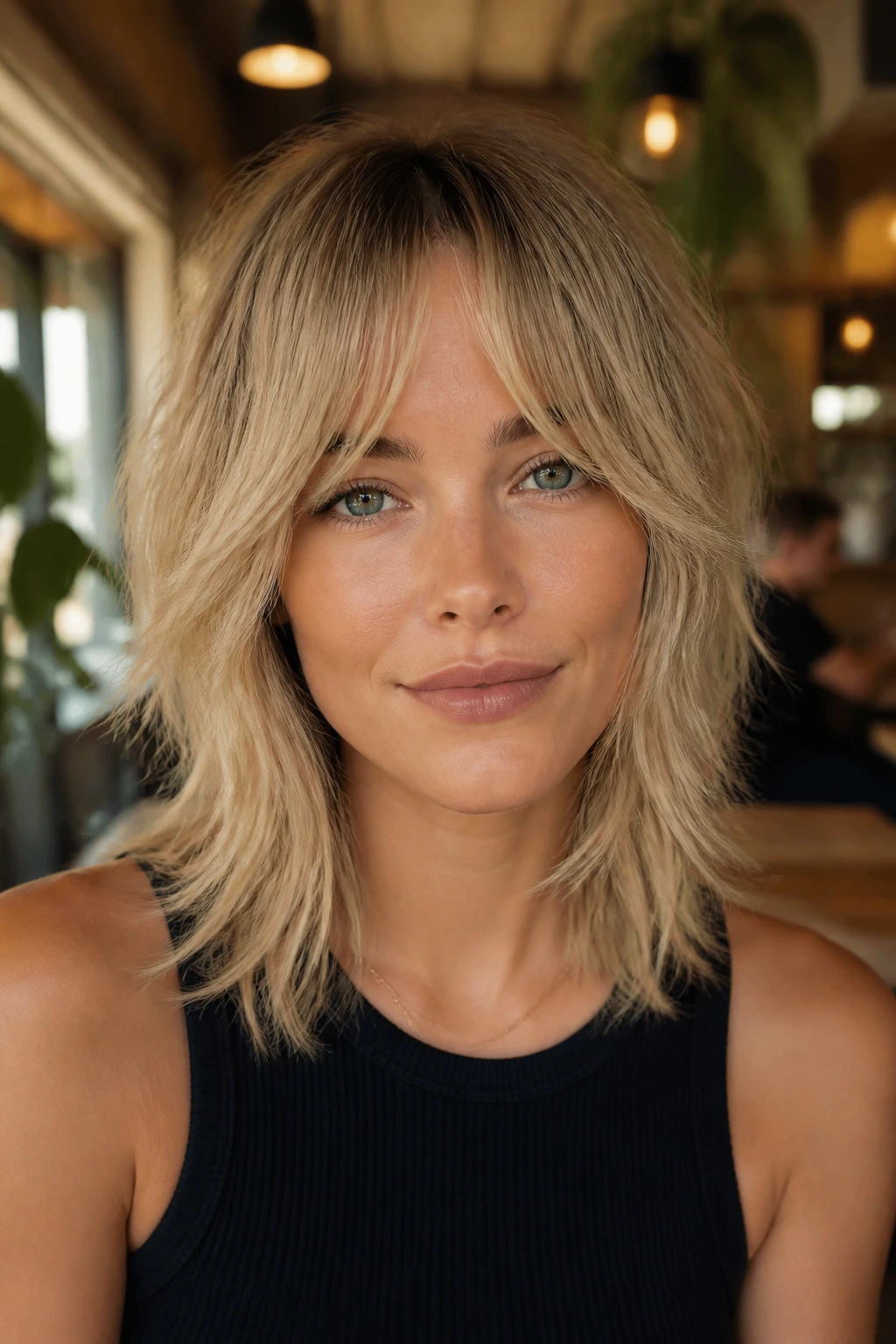Real person with bottleneck bangs framing the face in cafe light.