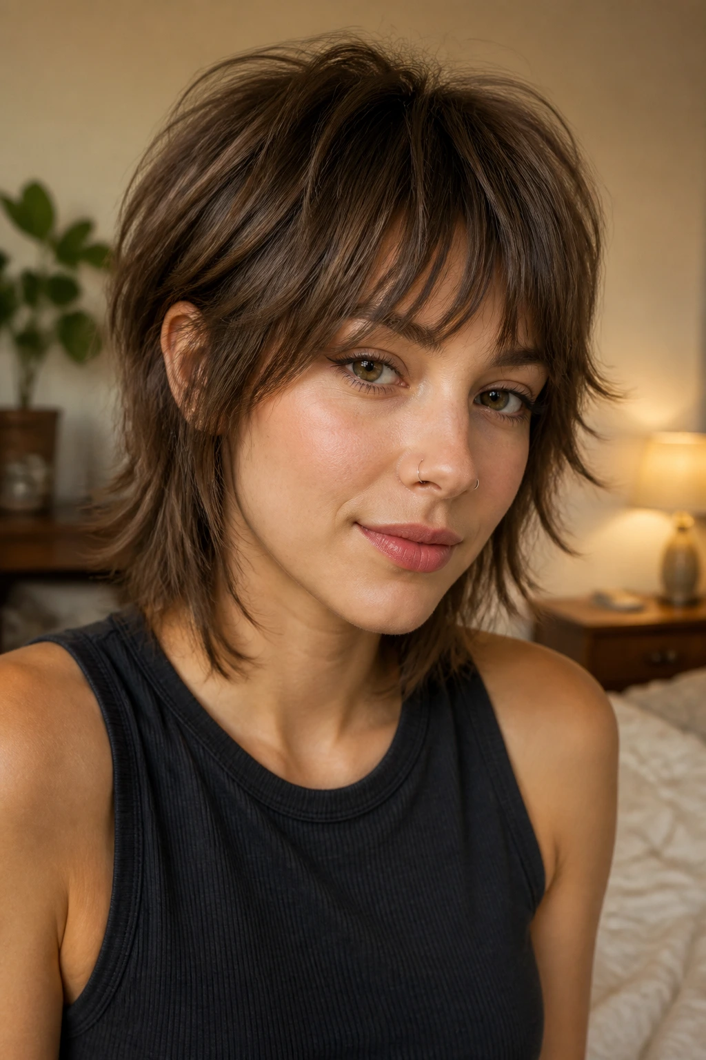 Close-up portrait of a person with bottleneck bangs blending into shag layers.