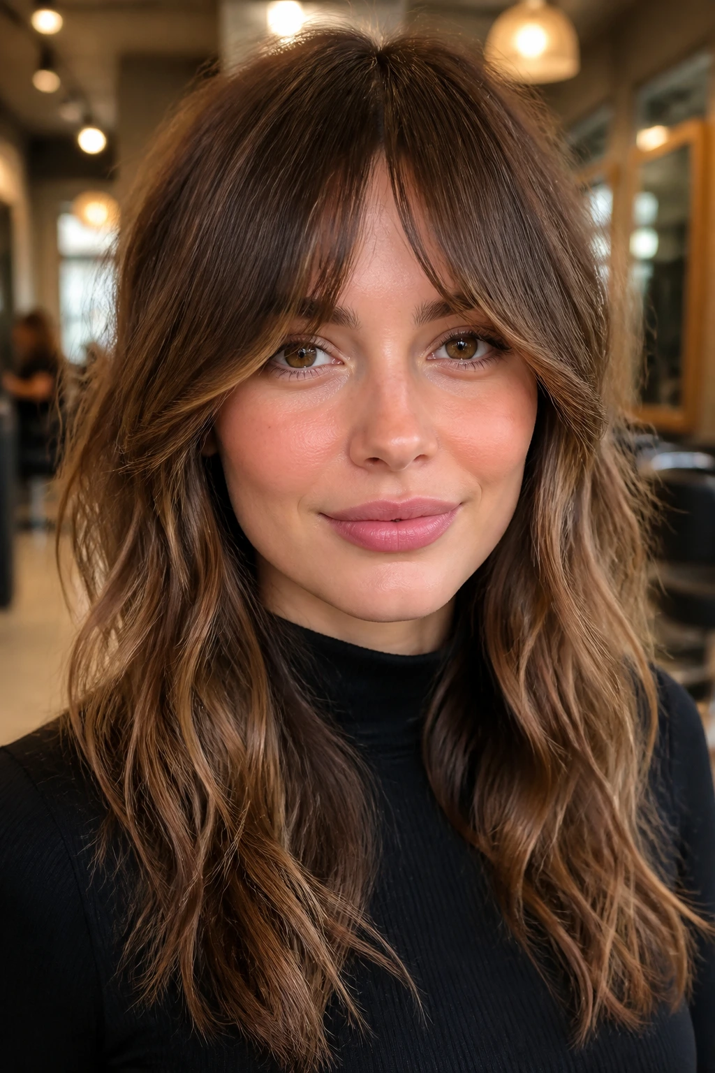 Real woman with bottleneck bangs and shaggy layers in warm salon light
