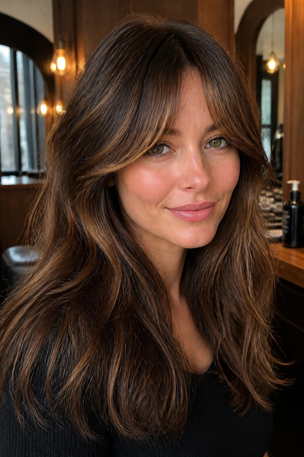 Close-up portrait of a real woman with bottleneck bangs and walnut lowlights in a walnut-toned salon