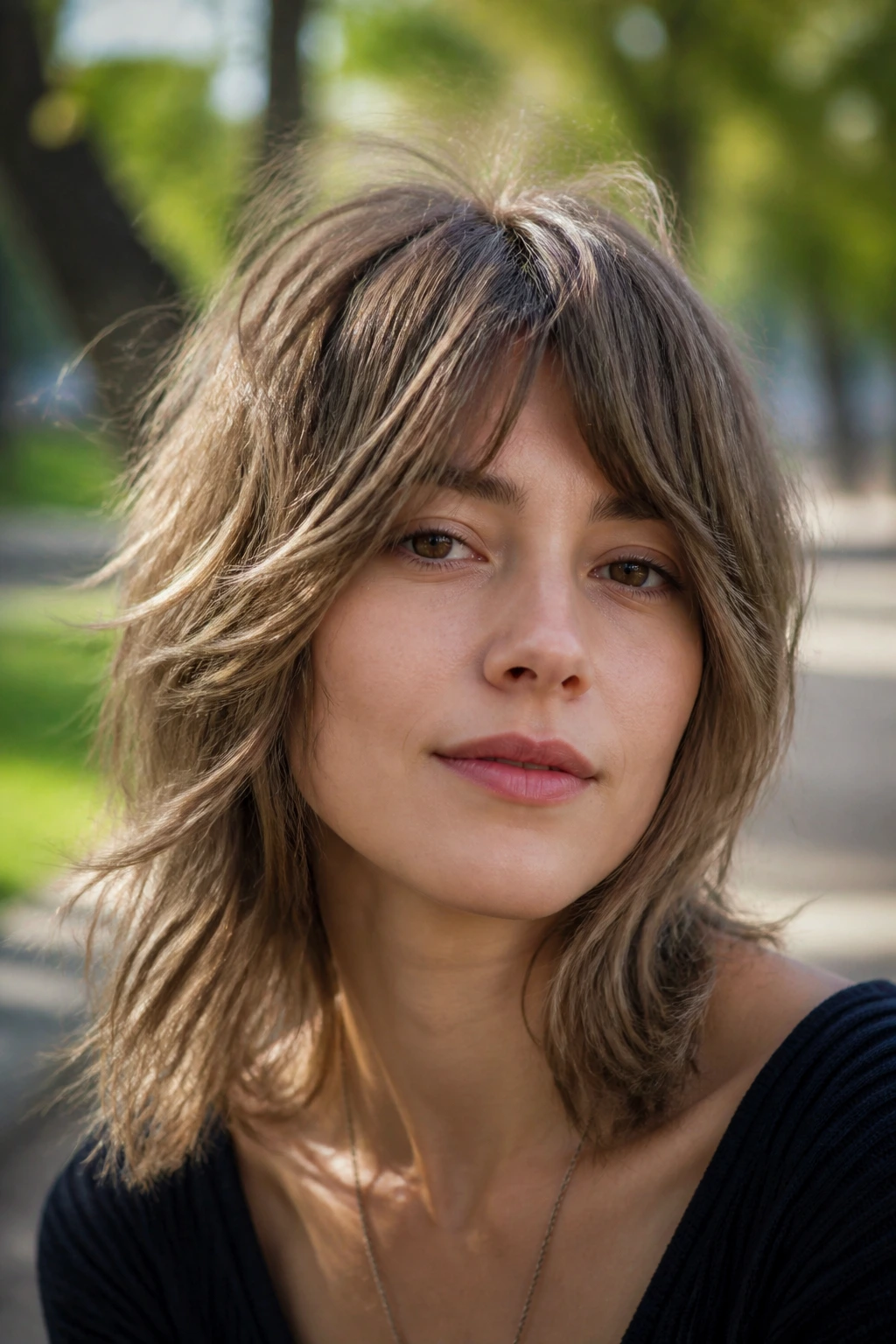 Close-up of real woman with bottleneck bangs and textured shag in an outdoor park