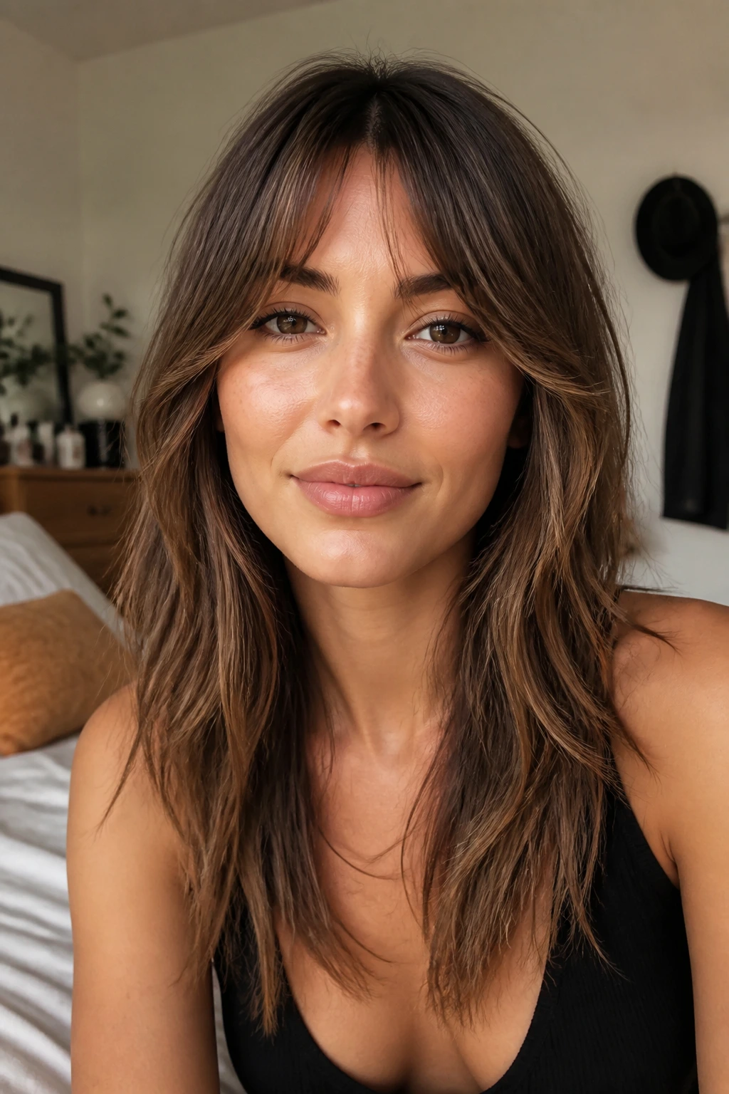 Close-up portrait of a woman showcasing bottleneck bangs and long shaggy layers in soft bedroom light