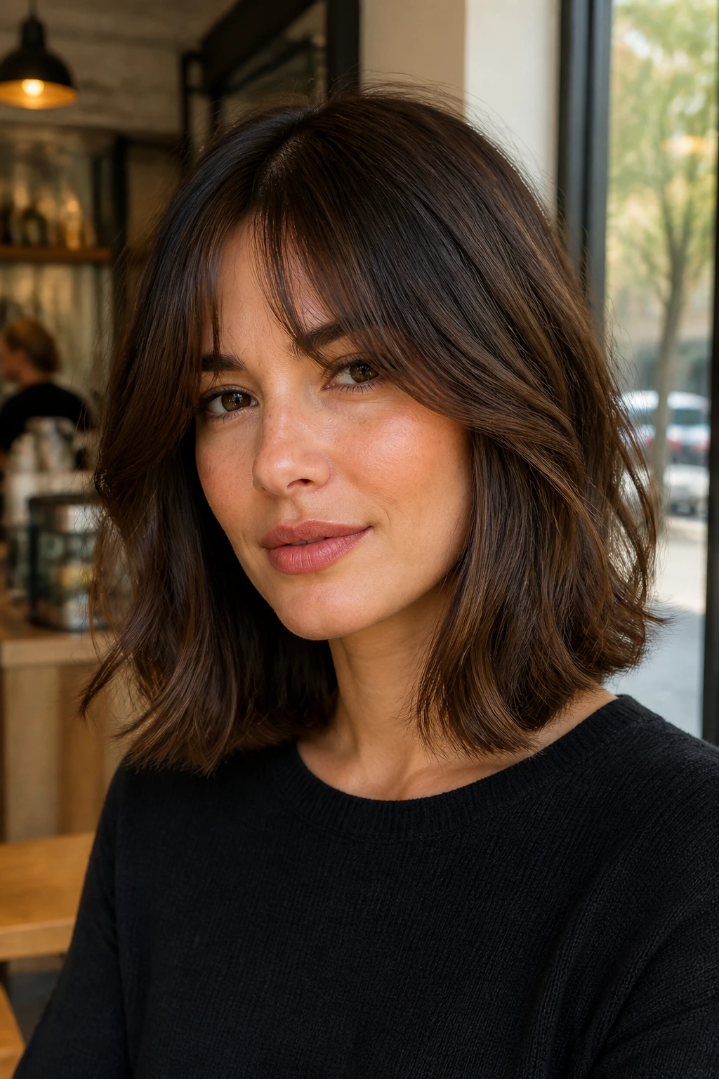 Close-up of a real woman with bottleneck bangs on a shoulder length bob