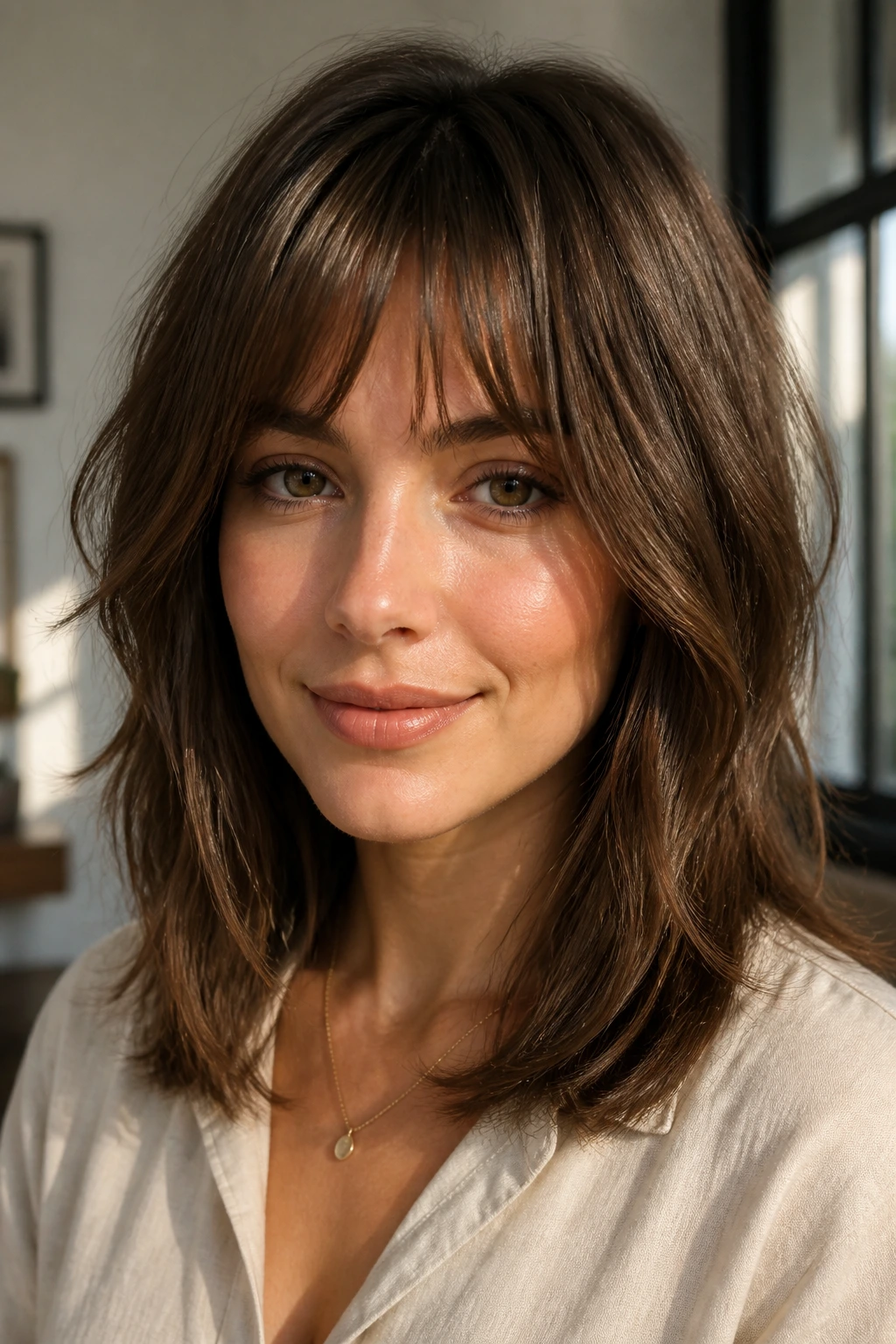 Close-up portrait with bottleneck bangs and shoulder layers.