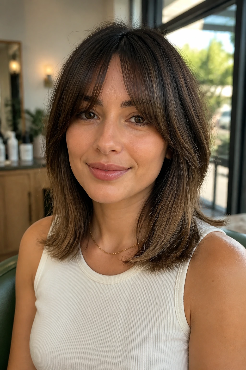 Real woman with bottleneck bangs and light shoulder layers, warm window light