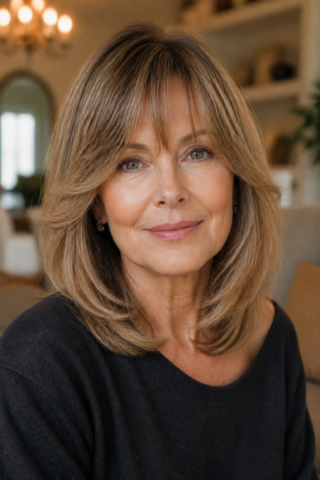 Close-up of a real woman with bottleneck bangs on shoulder-length hair
