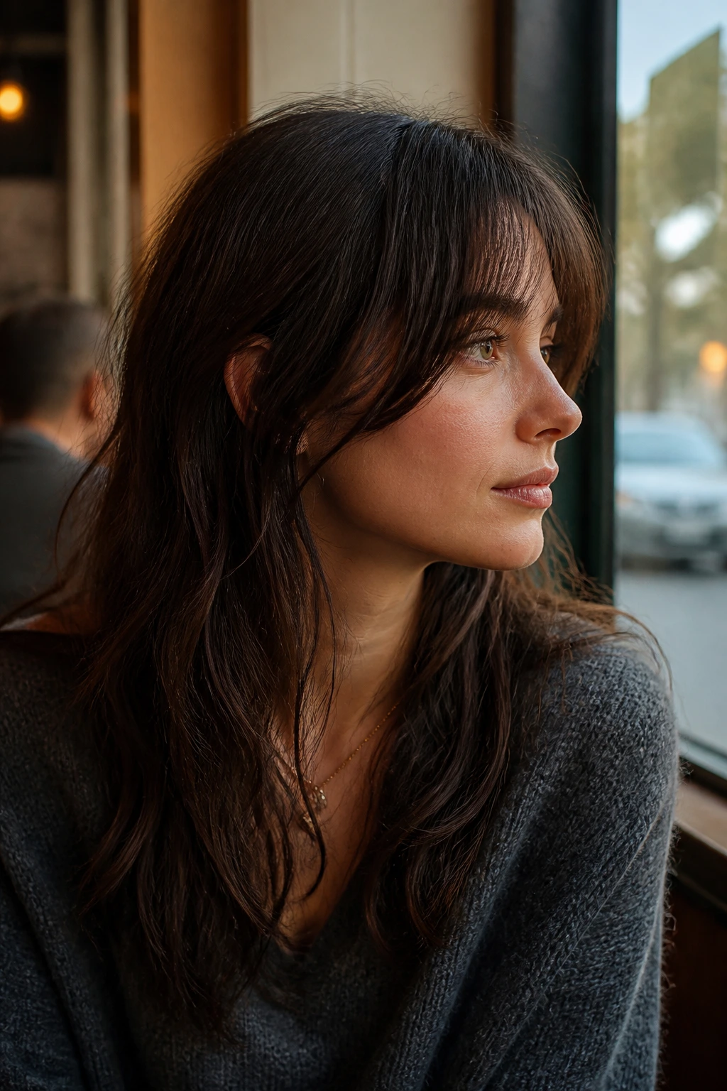 Side-profile of a woman with bottleneck bangs and long side pieces framing the face