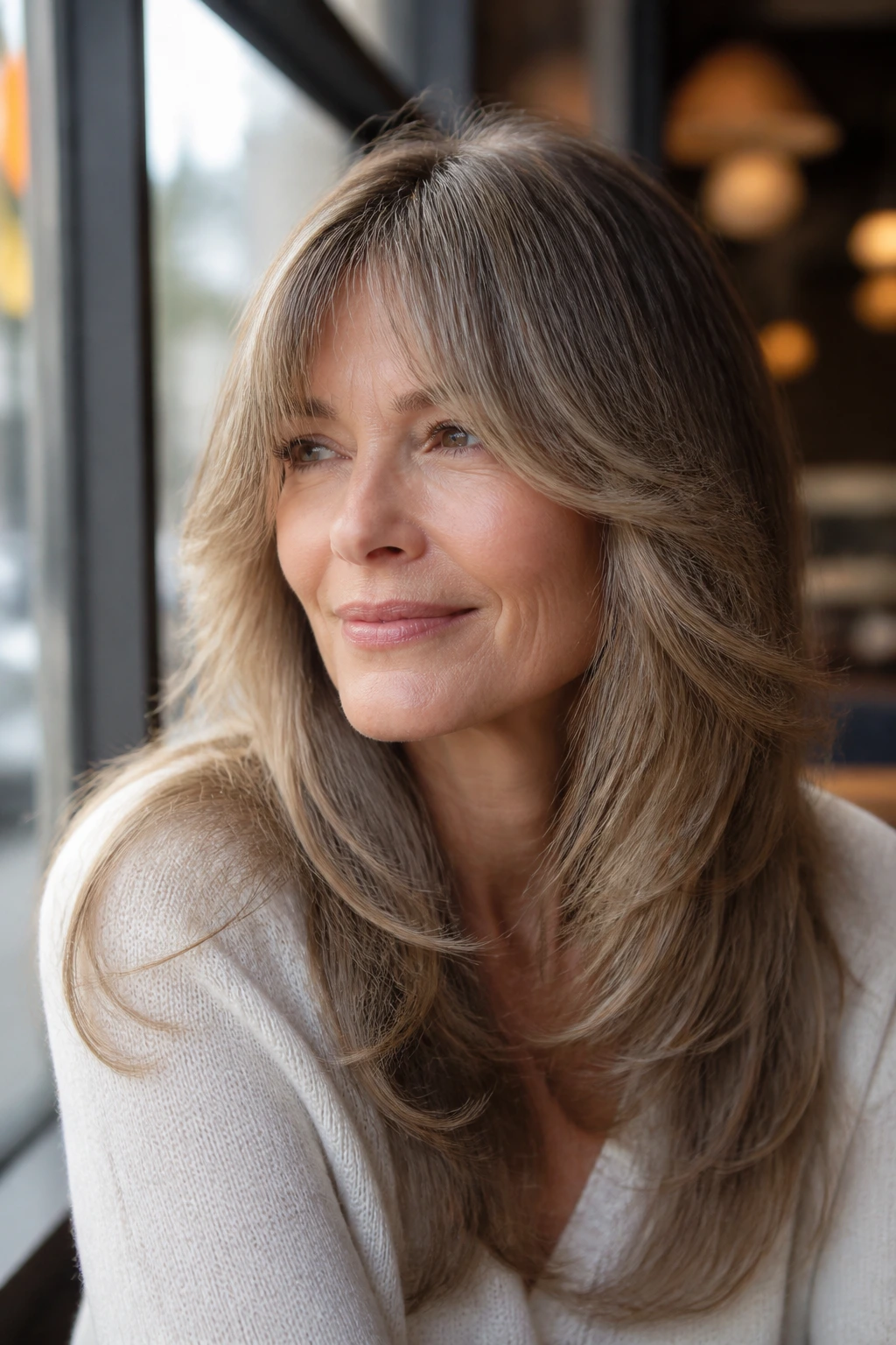 Close-up of real woman with bottleneck bangs and sweeping sides