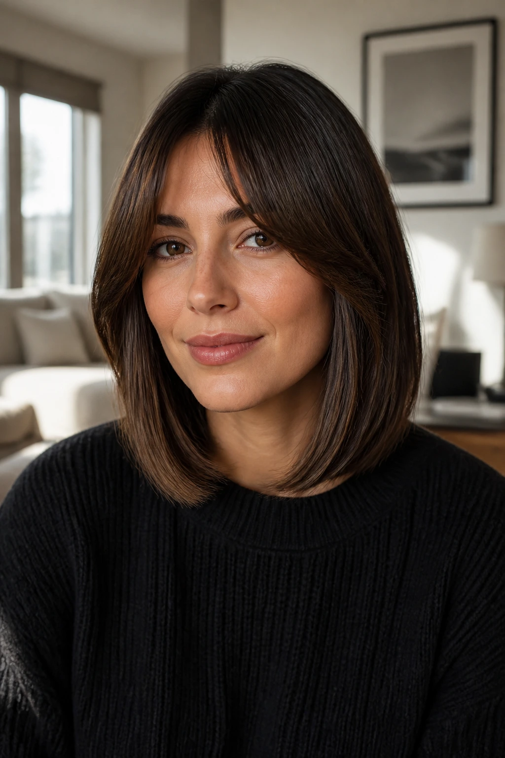 Close-up of a real person with bottleneck bangs and a sleek lob hairstyle.