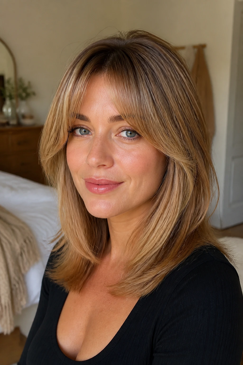 Close-up of bottleneck bangs and smooth crown on a real woman