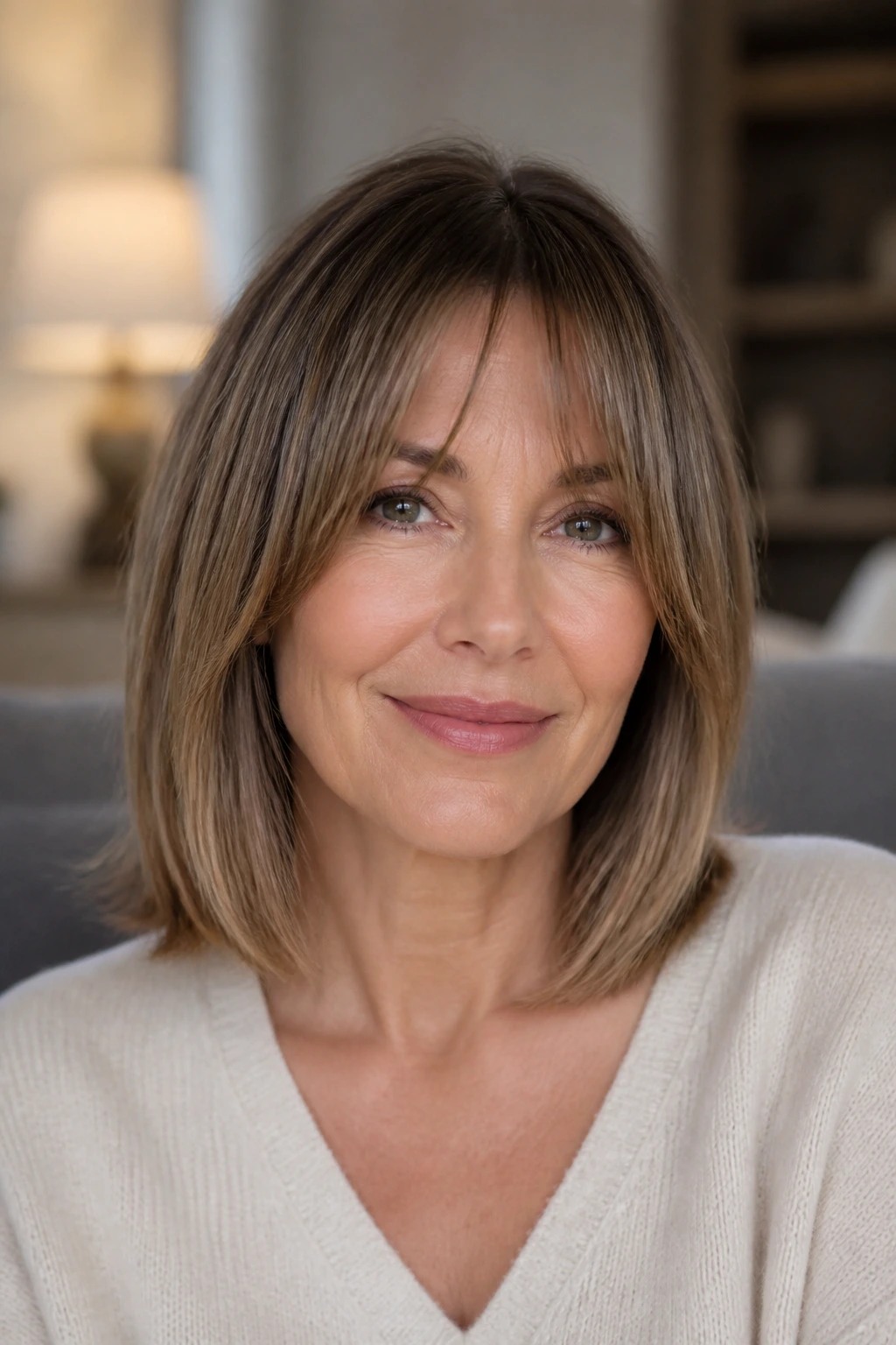 Real woman wearing bottleneck bangs with a smooth lob.
