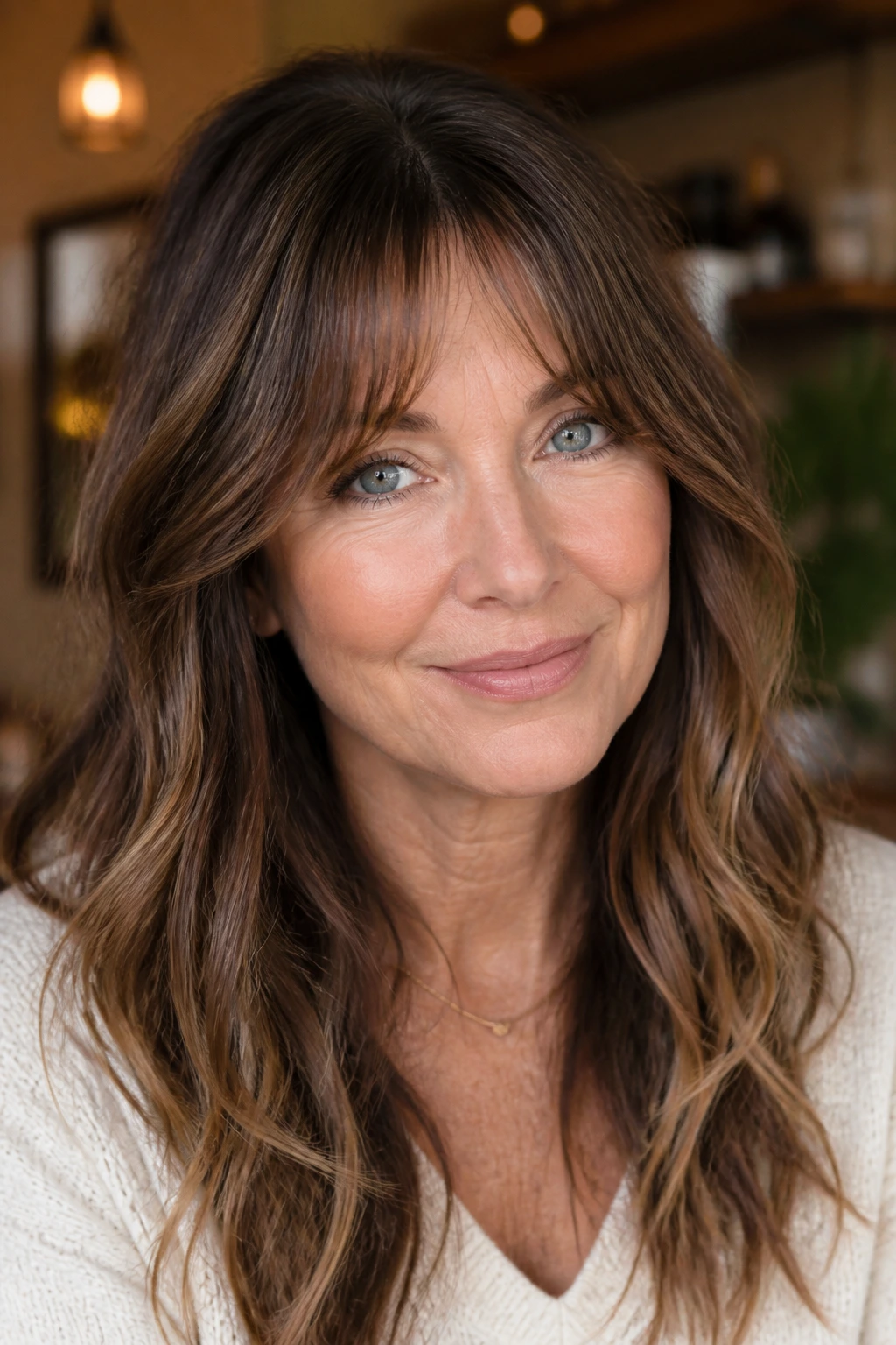 Close-up of a real woman with bottleneck bangs and a soft center