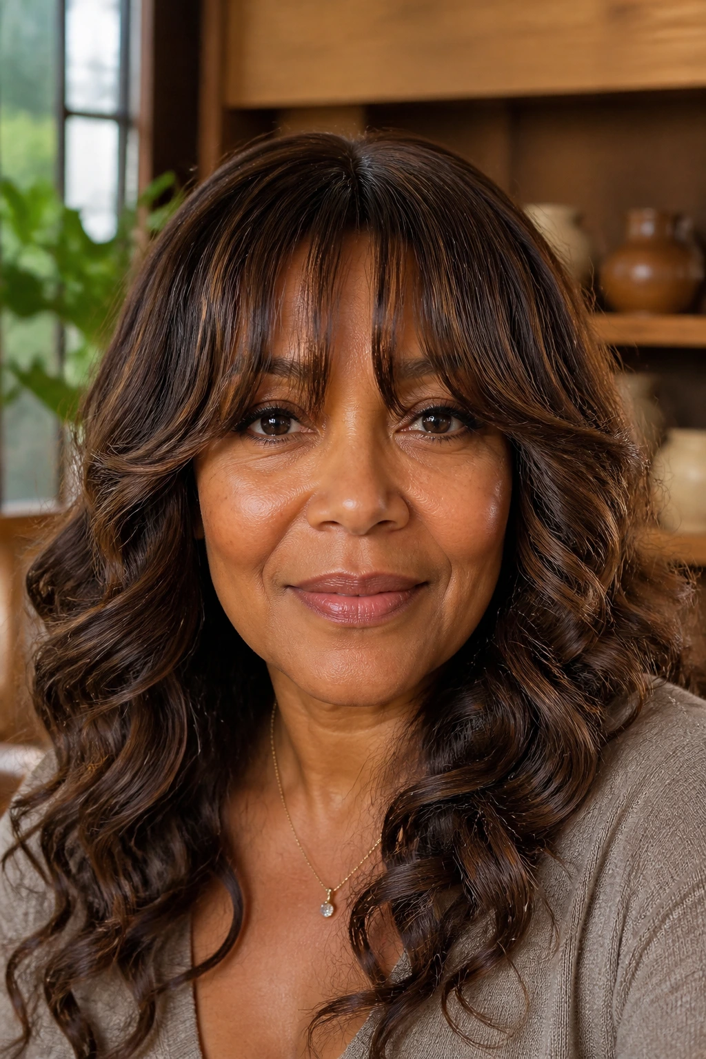 Close-up of a woman with bottleneck bangs and soft curls in a textured sew-in