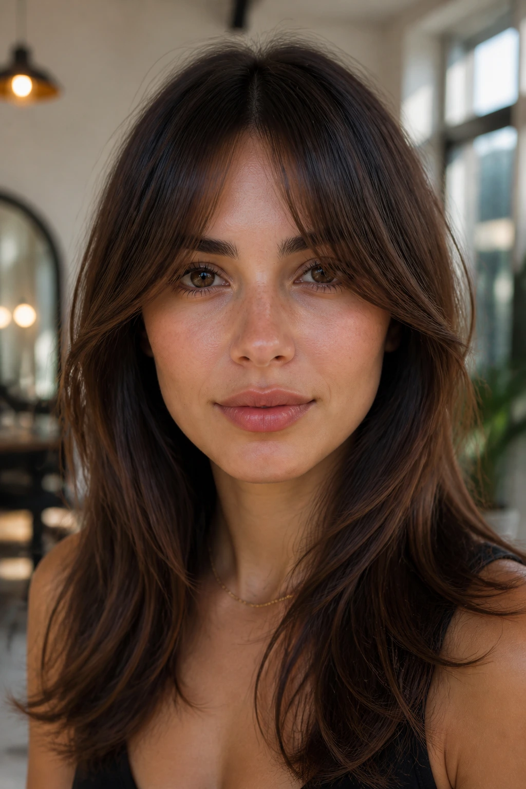 Close-up portrait of a person with bottleneck bangs and soft ends