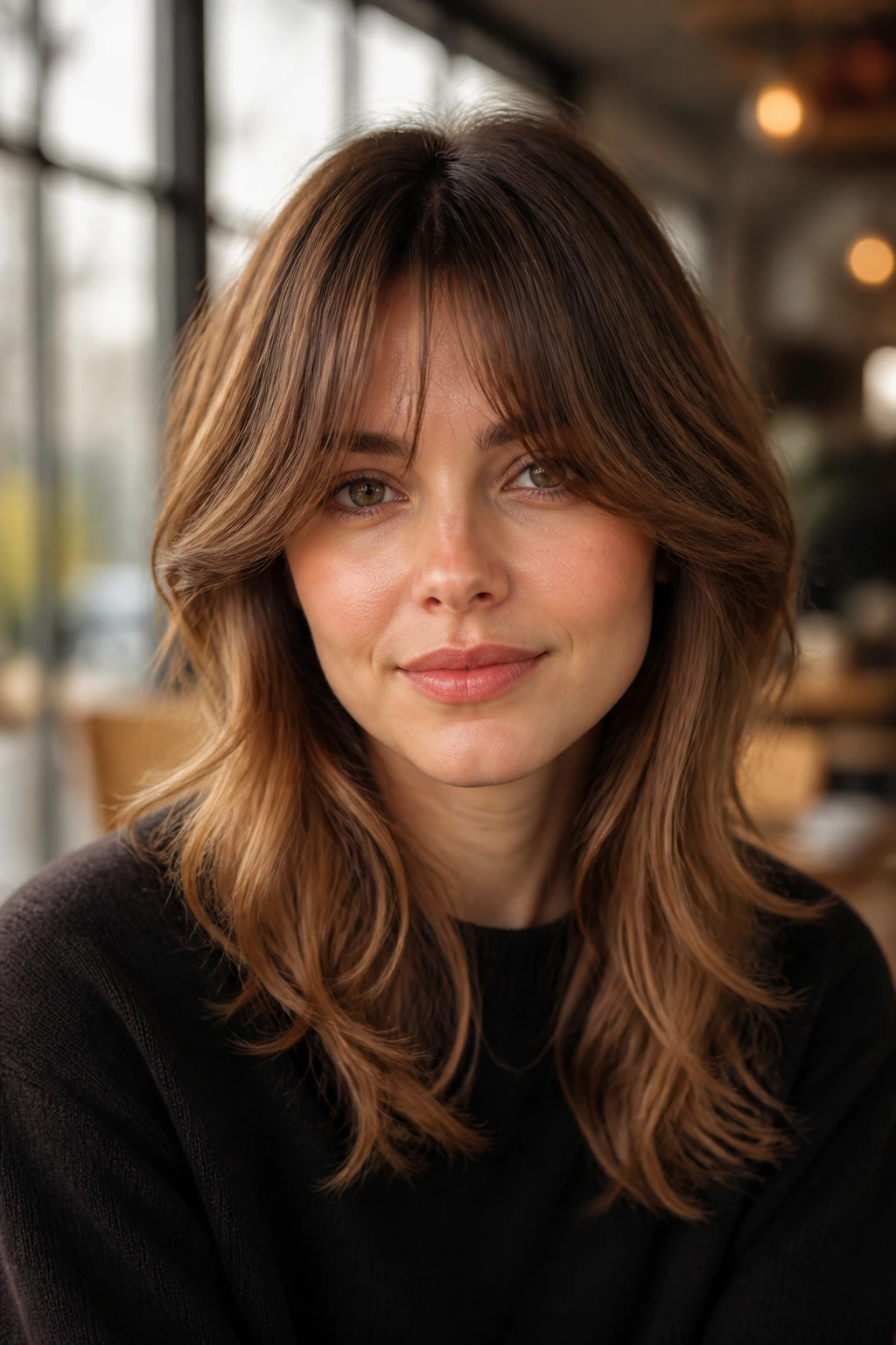 Real woman with bottleneck bangs and soft feathering in warm light