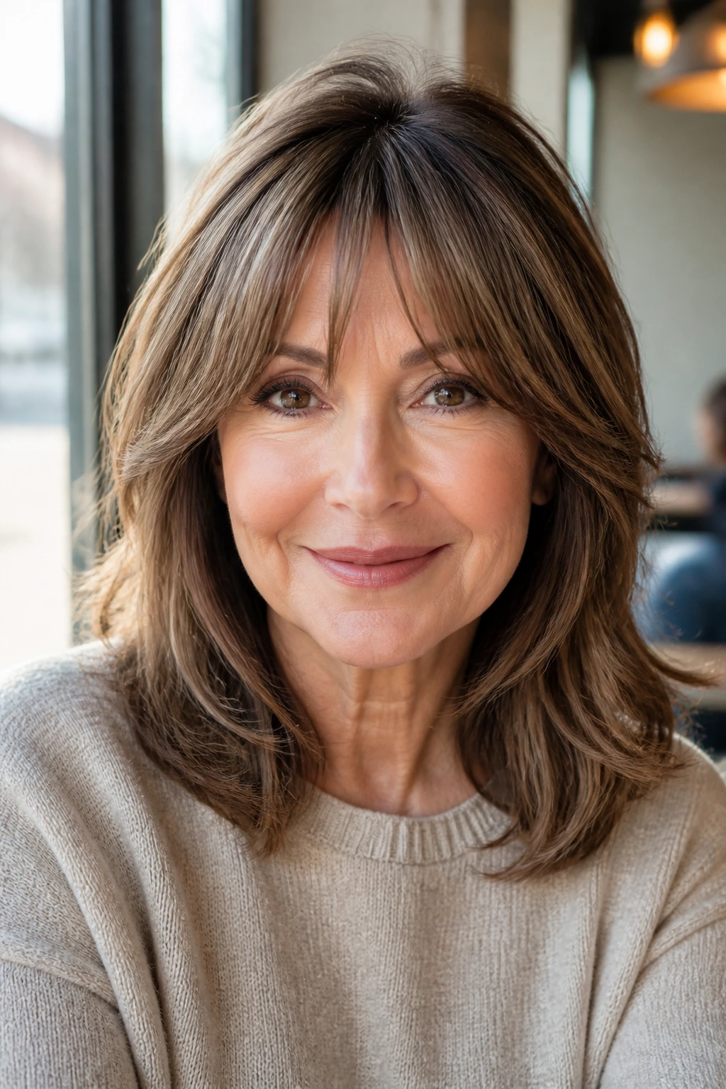 Close-up portrait of a woman with bottleneck bangs and soft crown volume in warm window light