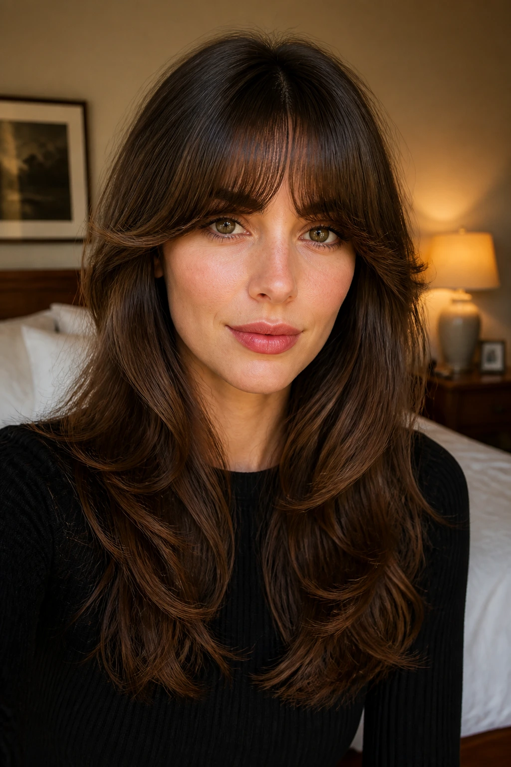 Real woman with bottleneck bangs and soft outer wings