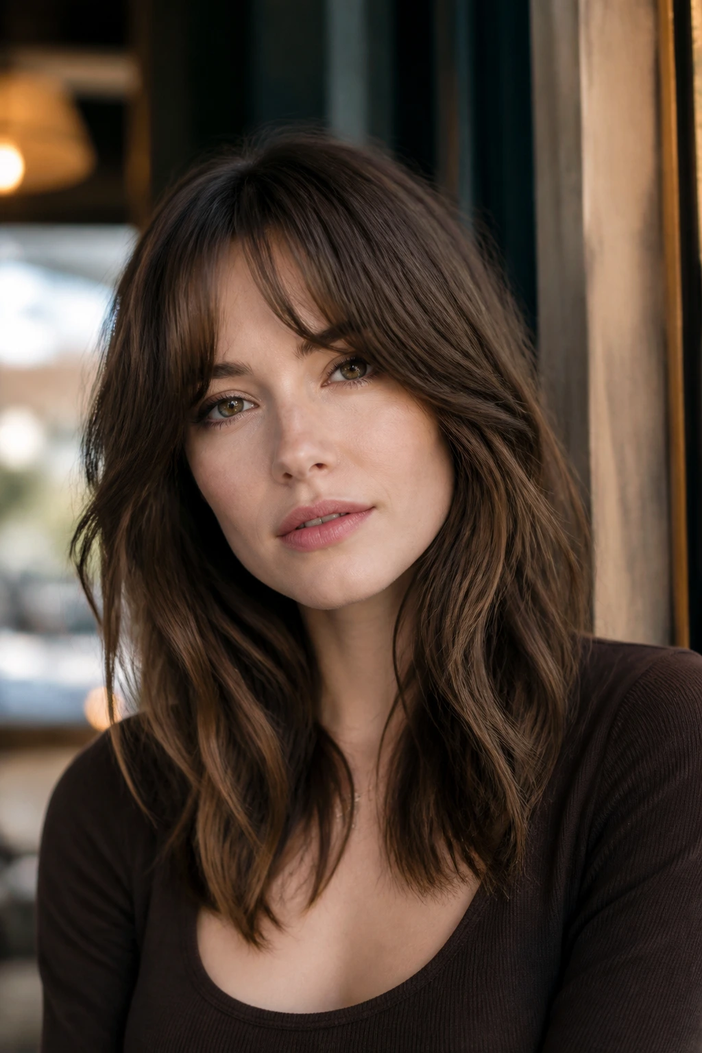 Close-up of a real woman with bottleneck bangs and textured hair
